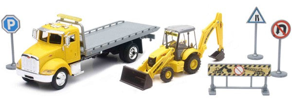 New Ray 16183 1/43 Peterbilt Flatbed Truck w/New Holland B110C Front End Loader Excavator (Die Cast)