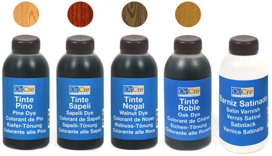 Occre 90501 100ml Water Based Dye Stain Set: Varnish, Mahogany, Walnut, Pine, Oak