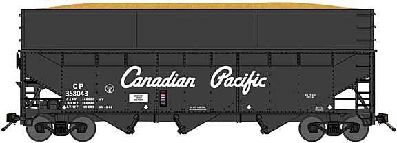Bluford Shops 16122 N Scale Offset-Side 3-Bay Wood Chip Hopper, Flat Side Extensions 2-Pack - Ready to R -- Canadian Pacific (black, Script Lettering)