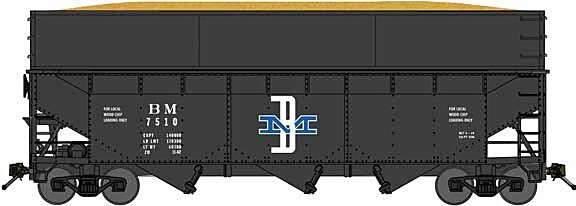 Bluford Shops 16091 N Scale Offset-Side 3-Bay Wood Chip Hopper, Flat Side Extensions - Ready to Run -- Boston & Maine (Scheme 2, black, blue, white, McGinnis)