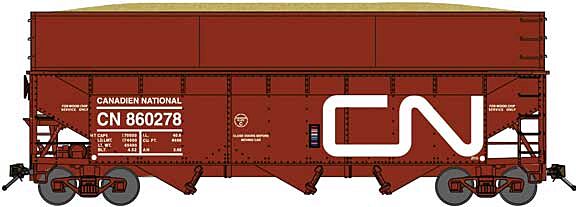 Bluford Shops 16131 N Scale Offset-Side 3-Bay Wood Chip Hopper, Flat Side Extensions - Ready to Run -- Canadian National (Boxcar Red, Large Noodle Logo)
