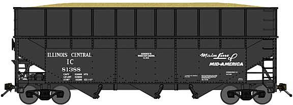 Bluford Shops 17101 N Scale Offset-Side 3-Bay Wood Chip Hopper, Ribbed-Side Extensions - Ready to Run -- Illinois Central (black, Main Line of Mid-America Slogan)