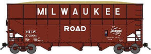 Bluford Shops 17111 N Scale Offset-Side 3-Bay Wood Chip Hopper, Ribbed-Side Extensions - Ready to Run -- Milwaukee Road (Post-1967, Boxcar Red, Large Lettering)