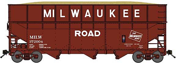 Bluford Shops 17111 N Scale Offset-Side 3-Bay Wood Chip Hopper, Ribbed-Side Extensions - Ready to Run -- Milwaukee Road (Post-1967, Boxcar Red, Large Lettering)