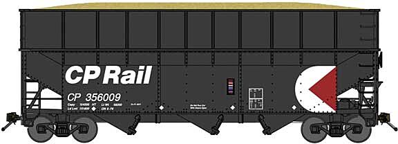 Bluford Shops 17121 N Scale Offset-Side 3-Bay Wood Chip Hopper, Ribbed-Side Extensions - Ready to Run -- Canadian Pacific (Reversed Bay, black, red, white, Multimark Logo)