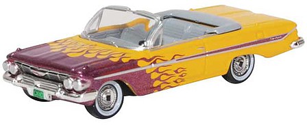 Oxford Diecast 87CI61004 HO Scale 1961 Chevy Impala Convertible - Assembled -- Top Down (yellow, red flames)
