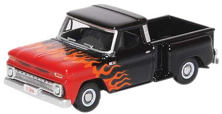 Oxford Diecast 87CP65004 HO Scale 1965 Chevrolet Stepside Pickup - Assembled -- Black, Red, Orange Flames