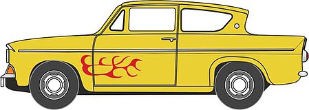 Oxford Diecast N105008 N Scale 1959 Ford Anglia - Assembled -- Yellow, Red Flames