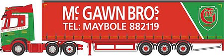 Oxford Diecast NMB007 N Scale 2012 Mercedes-Benz Actros Tractor with Curtain-Side Trailer - Assembled -- McGawn Bros (red, green white)