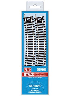 Peco ST2025 HO Scale Code 100 Nickel Silver Standard 22.5 Degree Curved Section - Setrack -- 17-1/4" 43.8cm (2nd) Radius pkg(8)