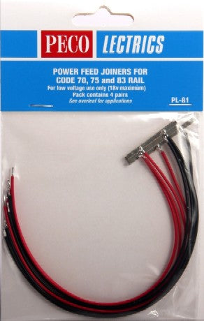 Peco PL81 O/HO Code 70, 75, 83 Power Feed Rail Joiners (4prs)
