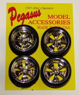 Pegasus Hobbies 2367 1/24-1/25 Alba's Chrome Spinning Centers Rims w/Tires (4)