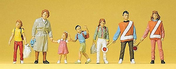 Preiser 10344 HO Scale Pedestrians -- Adult with 3 Kids & 2 Crossing Guards