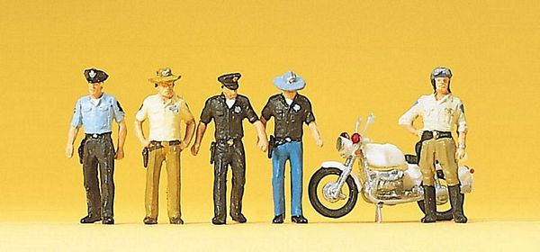 Preiser 10370 HO Scale USA Police & Motorcycle -- 5 Officers, 1 Motorcycle