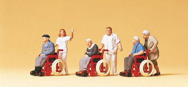 Preiser 10479 HO Scale Pedestrians -- Elderly Being Pushed in Wheelchairs pkg(3) - 2 Figures Each