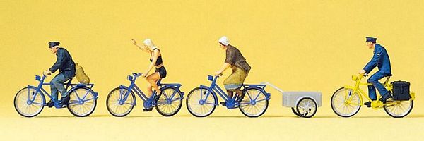 Preiser 10507 HO Scale Sports & Recreation -- Cyclists w/Bicycle Trailer pkg(4)