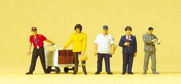 Preiser 10571 HO Scale Railroad Personnel -- Chinese Railroad Personnel, Passenger & Luggage Cart pkg(5)