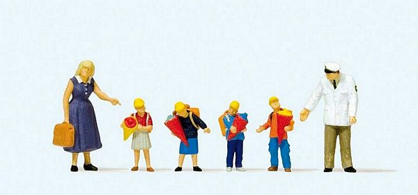 Preiser 10596 HO Scale Pedestrians -- First Day at School Man, Woman, 4 Children