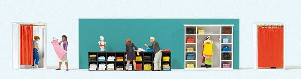 Preiser 10622 HO Scale Agony of Choosing -- 4 Women, 1 Man, 2 Display Shelves w/Clothes, 2 Changing Rooms