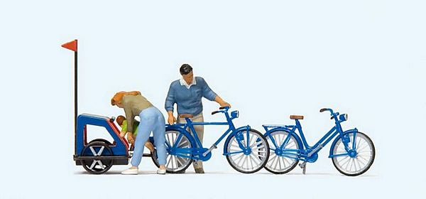 Preiser 10635 HO Scale Family Getting Ready for Bicycle Ride -- Mother, Father, Toddler, 2 Bikes & Baby Trailer