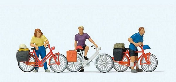 Preiser 10637 HO Scale Cyclists Waiting At Crossing -- 3 Figures, 3 Bikes