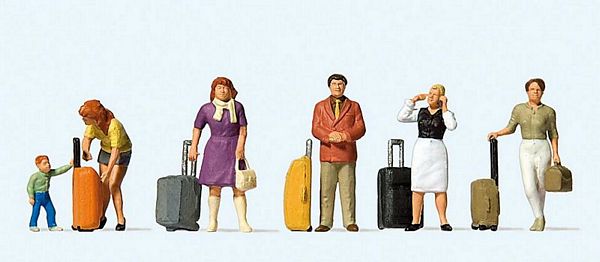 Preiser 10641 HO Scale Standing Travelers w/Rolling Suitcases -- pkg(6)