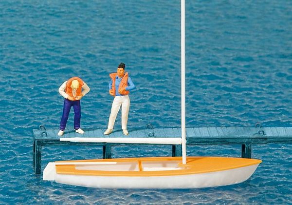 Preiser 10678 HO Scale Korsar Sailboat w/2 Sailors Putting On Life Jackets -- Sails Down (white, yellow)