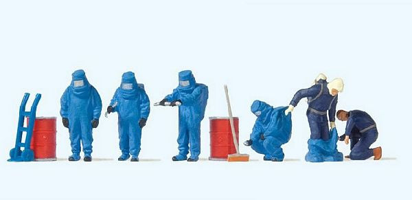 Preiser 10729 HO Scale Firemen in Blue Hazmat Suits -- pkg(6)