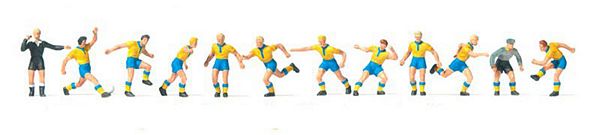 Preiser 10755 HO Scale Soccer Team with Referee -- Yellow Shirts, Blue Shorts pkg(12)