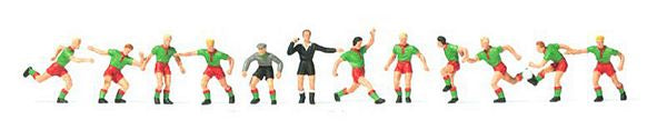 Preiser 10757 HO Scale Soccer Team with Referee -- Green Shirts, Red Shorts pkg(12)