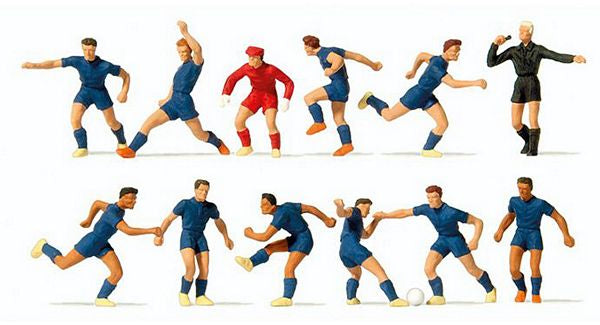 Preiser 10759 HO Scale Soccer Team with Referee -- Blue Shirts, Blue Shorts pkg(12)