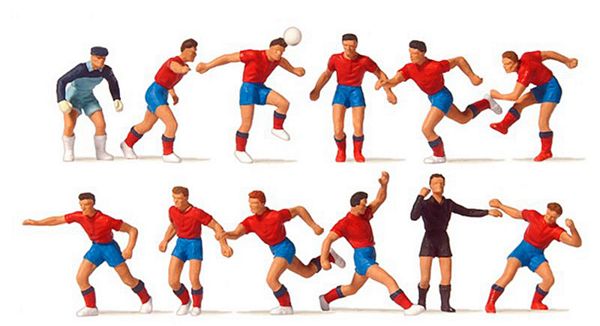 Preiser 10760 HO Scale Soccer Team with Referee -- Red Shirts, Blue Shorts pkg(12)