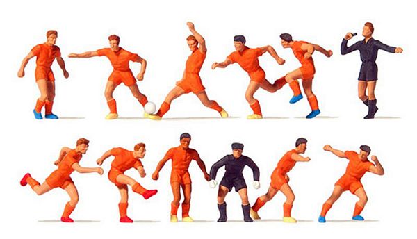 Preiser 10761 HO Scale Soccer Team with Referee -- Orange Shirts, Orange Shorts pkg(12)