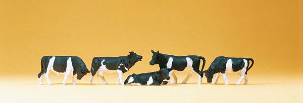 Preiser 14155 HO Scale Animals -- Cows - Colors may vary, black/white, brown/white.