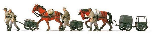 Preiser 16547 HO Scale Military - Former German Army WWII - Unpainted Figures -- Horse- & Hand-Drawn Infantry Carts w/3 Soldiers