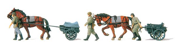 Preiser 16576 HO Scale Former German Army WWII Horse-Drawn Transport (Plastic Kit) -- Small Arms Ammunition Carts, 2 Horses & 3 Figures - Unpainted