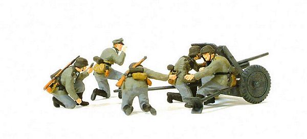 Preiser 16591 HO Scale Former German Army WWII Artillery PAK L/45 3.7cm Anti-Tank Gun -- In Action w/Gun Crew