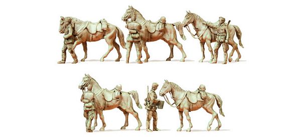 Preiser 16607 HO Scale Former German Army WWII Unpainted Figures -- Standing Cavalrymen w/Horses 1939-45 (5 Men, 5 Horses)