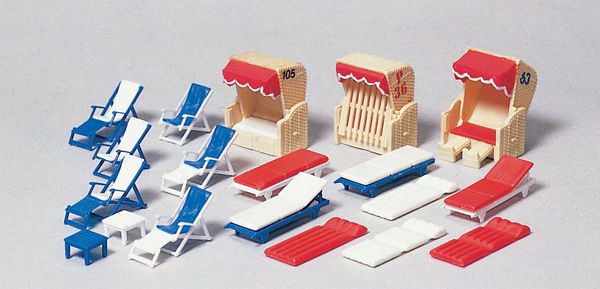 Preiser 17308 HO Scale Accessories -- Beach Chairs, Lounges & Huts pkg(18)