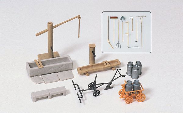 Preiser 17600 HO Scale Rural Detail Set -- Water Pump w/Trough, Horse-Drawn Plow, Cart & Tools