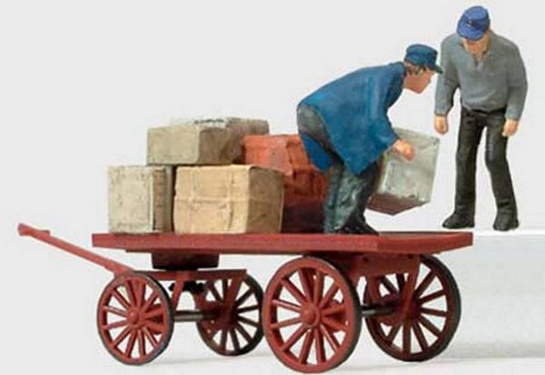 Preiser 28084 HO Scale Dock Workers w/Cart -- 2 Workers & Cart w/Packages