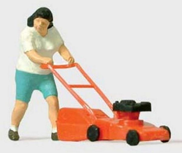 Preiser 28085 HO Scale Woman Mowing The Lawn