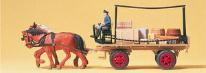 Preiser 30434 HO Scale Horse-Drawn Wagon -- Flatbed Wagon w/Driver, Horses & Cargo