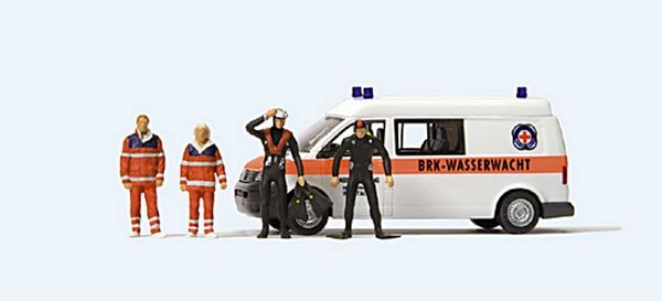 Preiser 33261 HO Scale Emergency Volkswagen T 5 Van - Assembled -- With 2 EMT & 2 Divers Neustadt Water Rescue Team (white, orange)