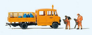 Preiser 33262 HO Scale Mercedes-Benz L 407 D Crew-Cab Low-Side Delivery Truck - Assembled -- Road Workers (orange, German Lettering)