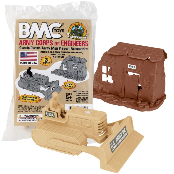 Playsets 67061 54mm US Army Bulldozer (Tan), Driver & Ruined Building Playset (Bagged) (BMC Toys)