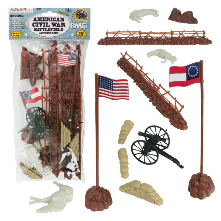 Playsets 67074 54mm American Civil War Battlefield: Fences, Sandbags, Guns, Horses etc. (18pcs) (Bagged) (BMC Toys)