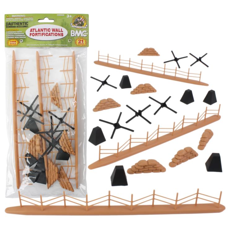 Playsets 99999 54mm WWII Atlantic Wall Fortifications: Fences, Hedgehogs, Sandbags, etc. (21pcs) (Bagged) (BMC Toys)