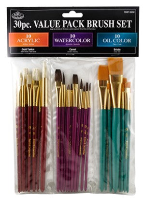 Royal & Langnickel 22606 Assorted All Media Bristle/Camel/Gold Taklon Brushes 30pc Value Pack