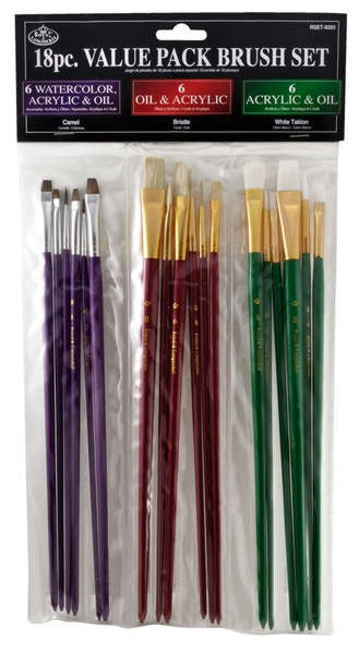 Royal & Langnickel 22607 Assorted All Media Bristle/Camel/White Taklon Brushes 18pc Value Pack